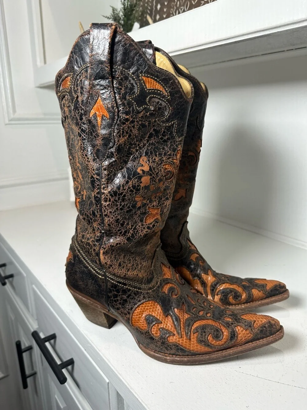 Corral Boots Lizard Inlay Cowboy Womens 8.5M Distressed Brown Leather Western - Picture 5 of 9